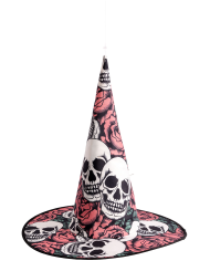 Chapeau sorcière avec têtes de mort, hauteur 45 cm environ en tissu avec étiquette volante/étiquette
