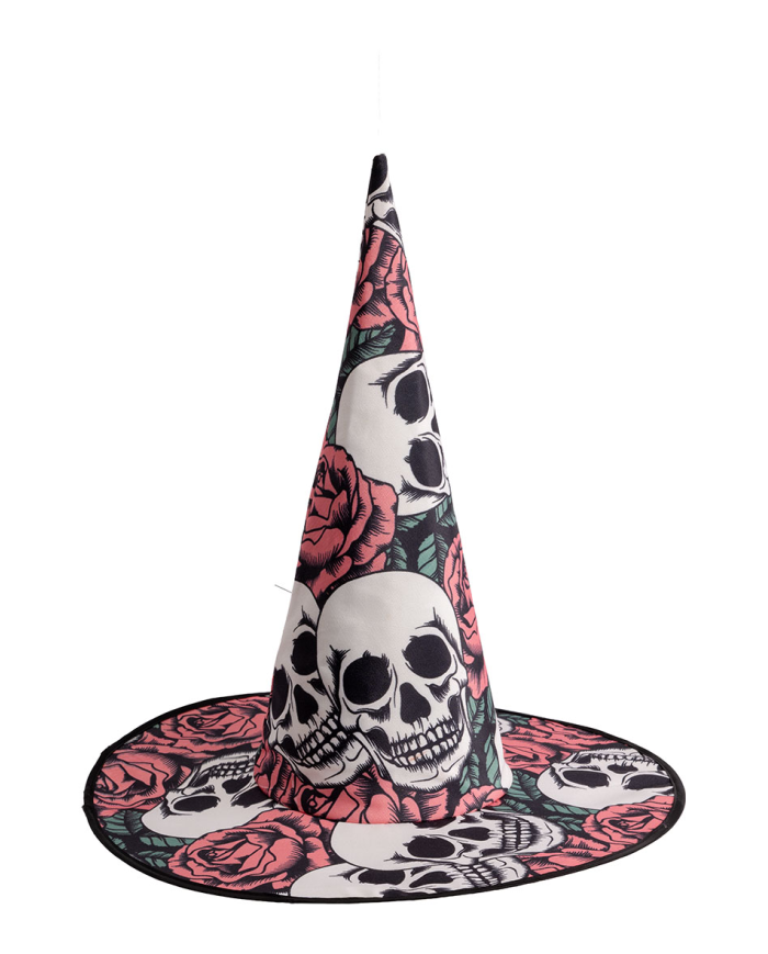 Sombrero de bruja con calaveras de unos 45 cm. de alto de tela con etiqueta colgante/etiqueta