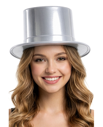 Silver plastic top hat h.cm. 12 with label