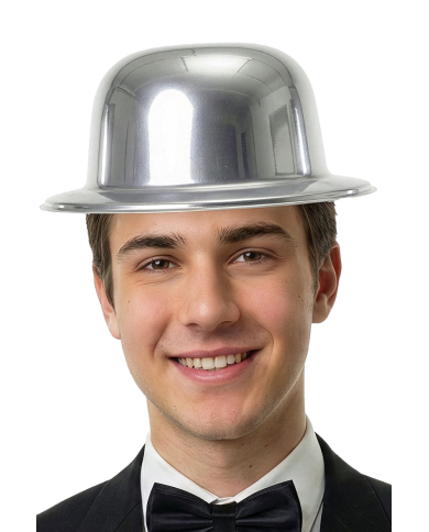 Silver plastic bowler hat with label