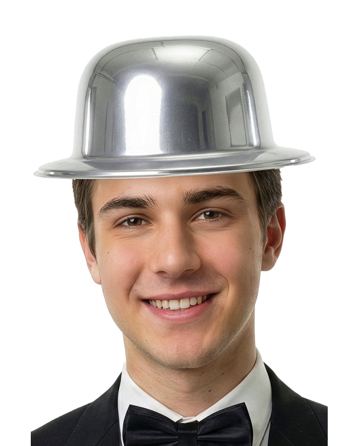 Silver plastic bowler hat with label
