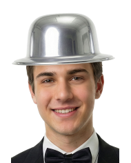 Silver plastic bowler hat with label