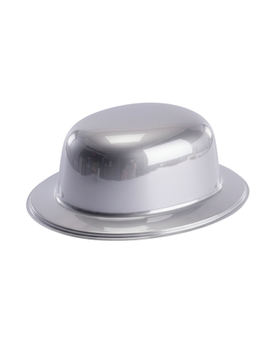 Silver plastic bowler hat with label