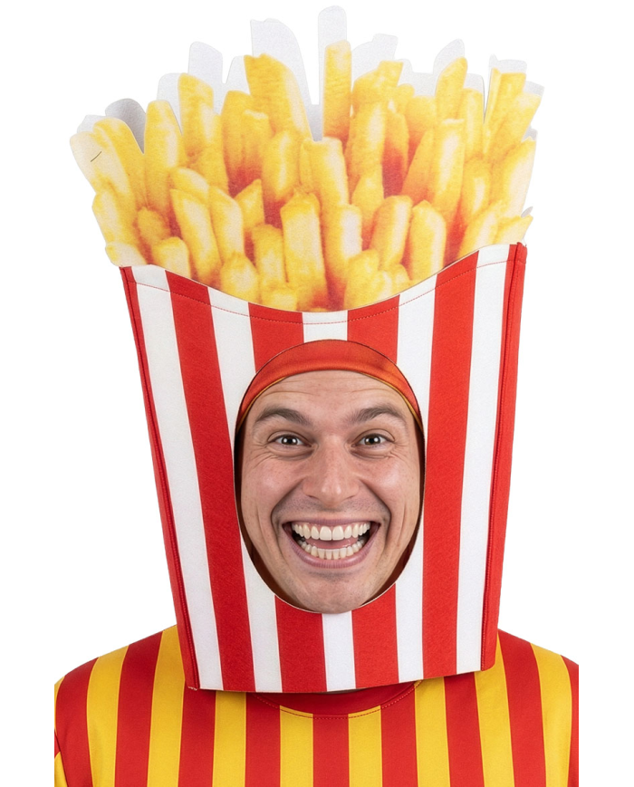 Pommes Frites-Kappe aus Stoff mit Pappschild/Etikett