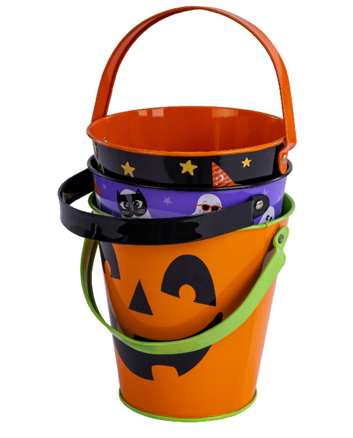 Portaobjetos Halloween de metal 3 modelos surtidos de unos 11 cm. de alto con etiqueta colgante/etiqueta