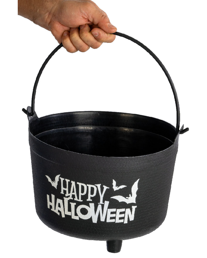 Hexenkessel Happy Halloween Durchm. ca. 32 cm x H. ca. 22 cm aus Kunststoff mit Pappschild/Etikett
