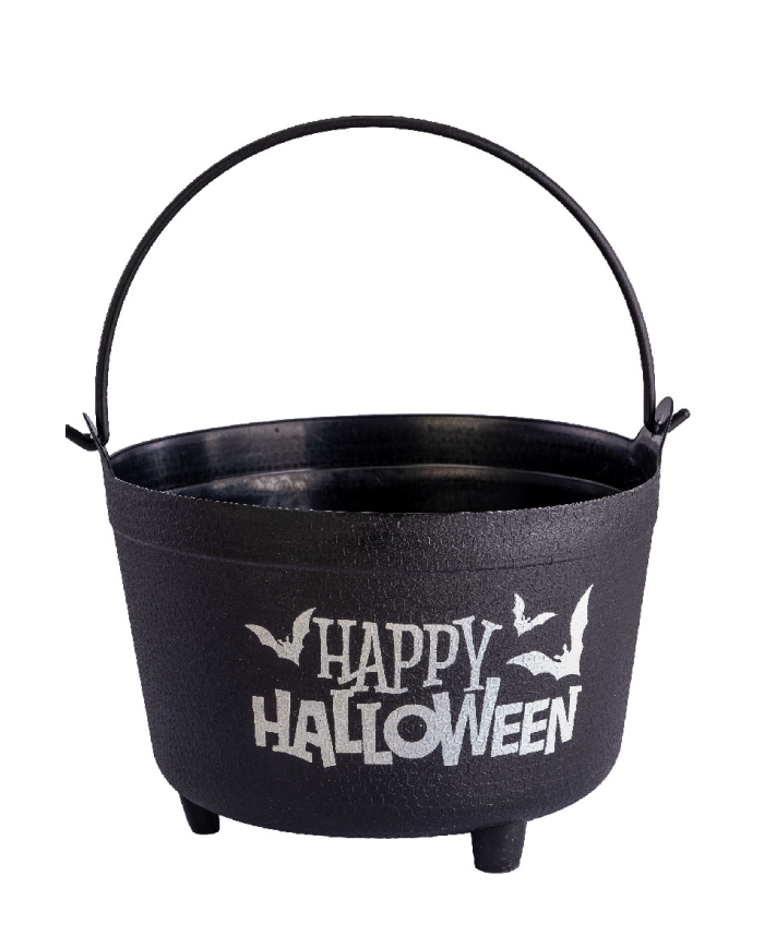 Chaudron Happy Halloween diamètre 32 cm x hauteur 22 cm environ en plastique avec étiquette volante/étiquette