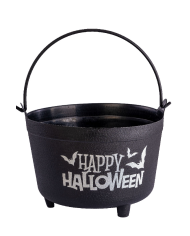 Chaudron Happy Halloween diamètre 32 cm x hauteur 22 cm environ en plastique avec étiquette volante/étiquette