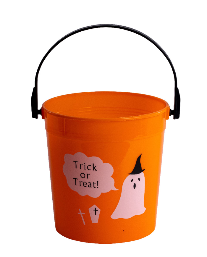 Cubo truco o trato de plástico de unos 12 cm. de alto con etiqueta colgante/etiqueta