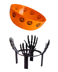 Panier orange avec mains squelette diamètre 26 cm environ avec étiquette volante/étiquette