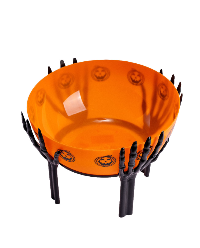 Panier orange avec mains squelette diamètre 26 cm environ avec étiquette volante/étiquette