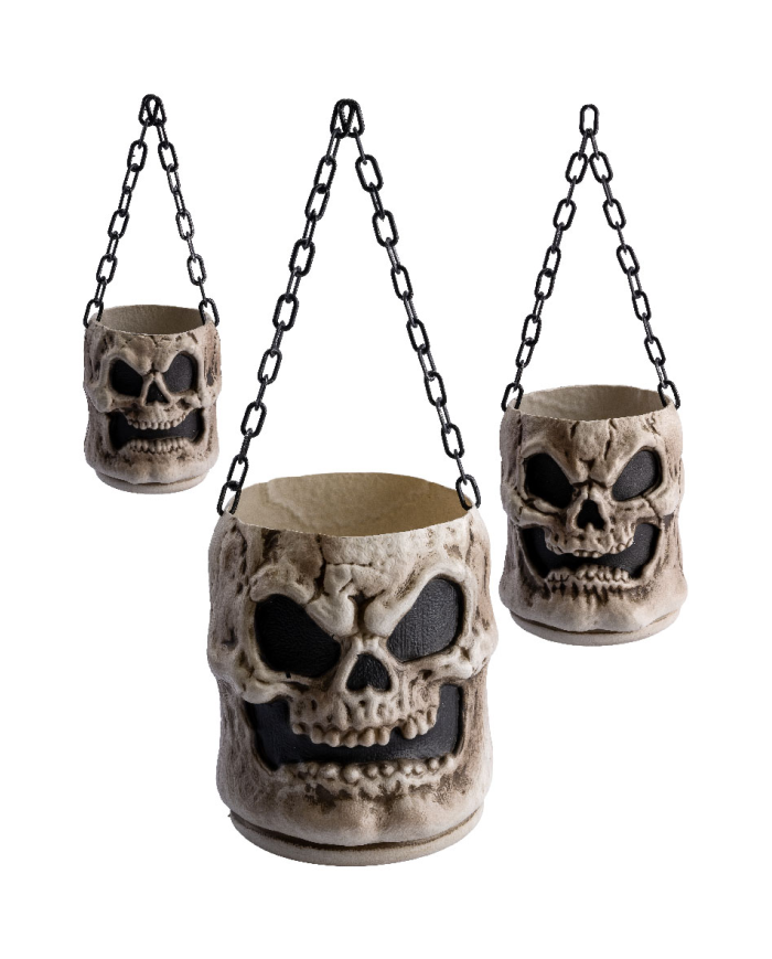 Set 3 stapelbare Totenkopf-Behälter H. ca. 14/20/25 cm mit Pappschild/Etikett