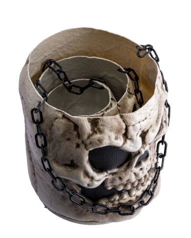 Conjunto de 3 contenedores de calaveras apilables de unos 14/20/25 cm. de alto con etiqueta colgante/etiqueta