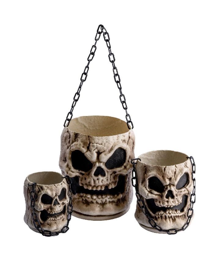 Set 3 stapelbare Totenkopf-Behälter H. ca. 14/20/25 cm mit Pappschild/Etikett