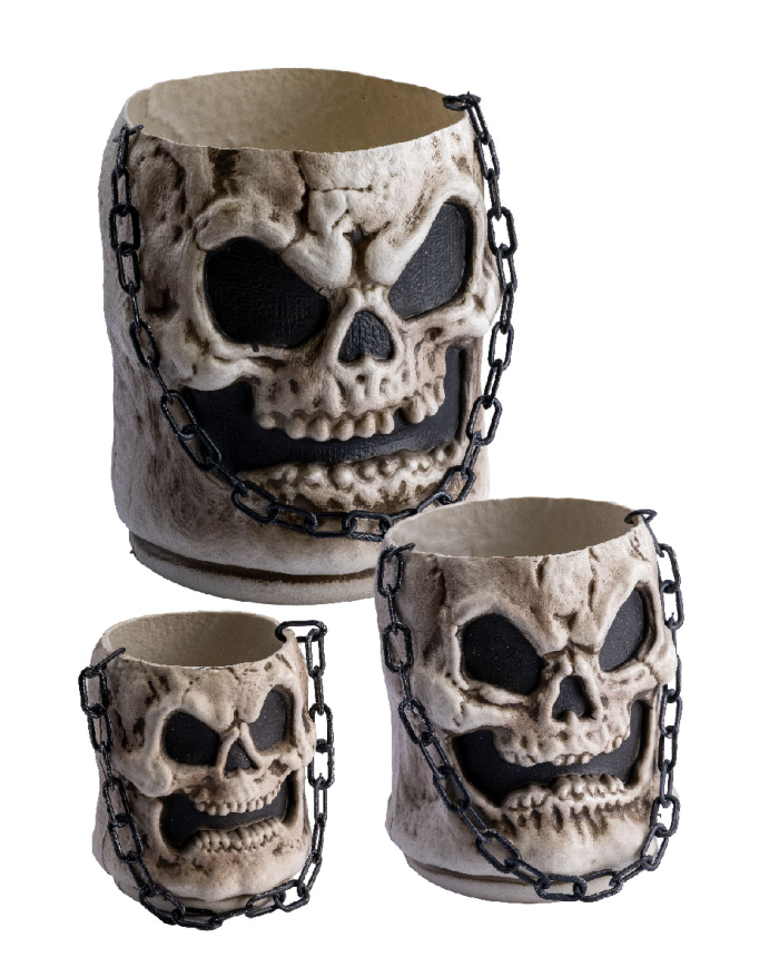 Set 3 stapelbare Totenkopf-Behälter H. ca. 14/20/25 cm mit Pappschild/Etikett