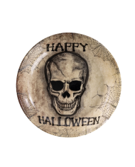 Bandeja centro de mesa con calavera de unos 31 cm. de diámetro con etiqueta colgante/etiqueta