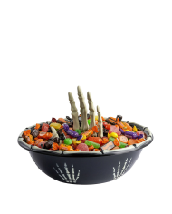 Portaoggetti nero con mano scheletro in plastica con cartellino/etichetta