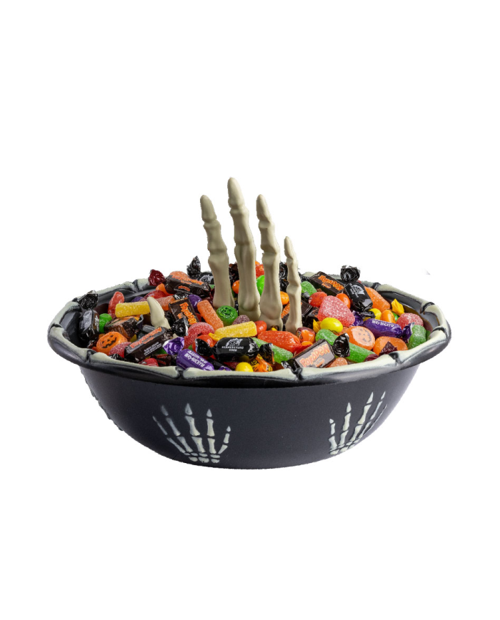 Vide-poche noir avec main squelette en plastique avec étiquette volante/étiquette