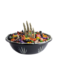 Schwarze Ablage mit Skeletthand aus Kunststoff mit Pappschild/Etikett