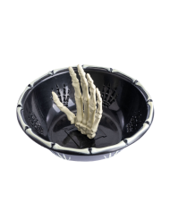 Portaoggetti nero con mano scheletro in plastica con cartellino/etichetta