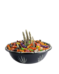 Portaoggetti nero con mano scheletro in plastica con cartellino/etichetta