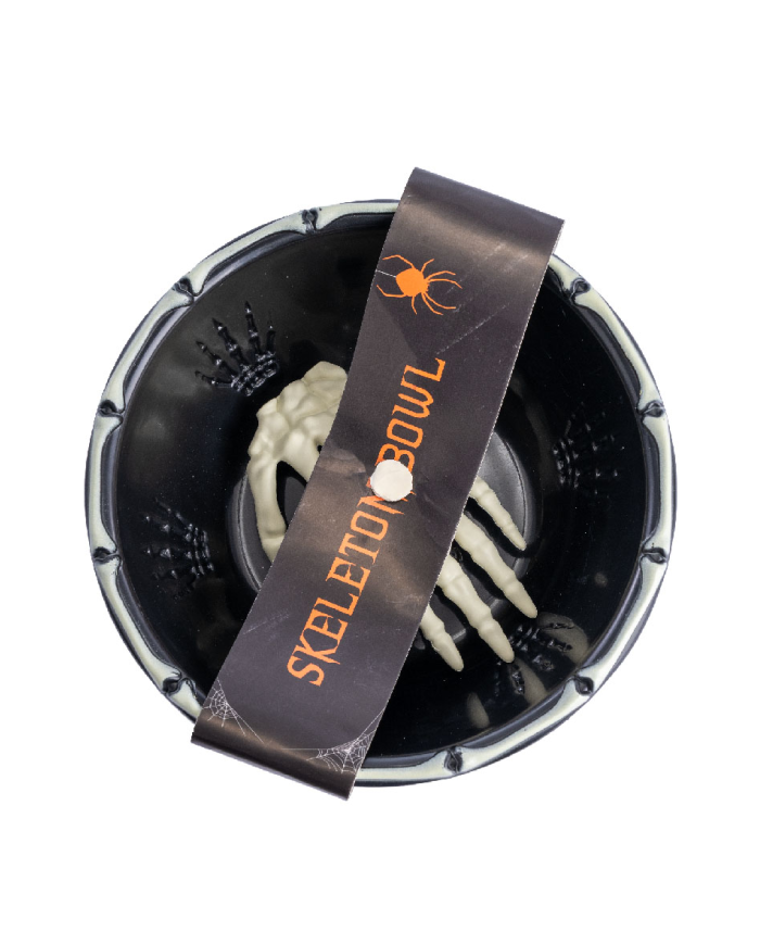 Portaobjetos negro con mano de esqueleto de plástico con etiqueta colgante/etiqueta