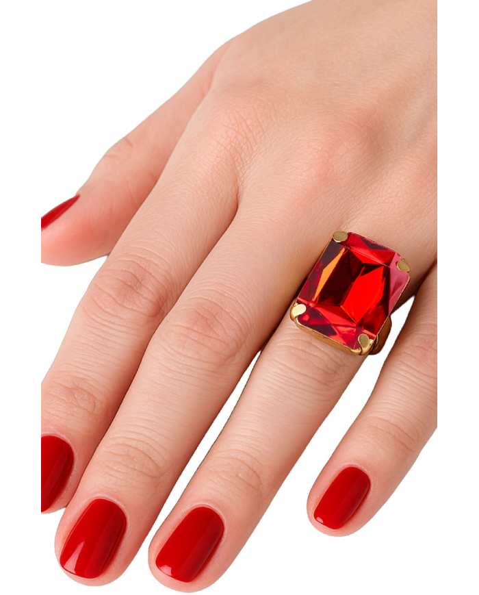 Adjustable red gem metal ring in bag on card