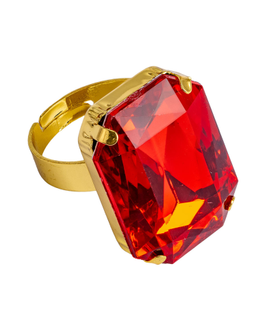 Anillo con gema roja ajustable de metal en bolsa sobre cartoncillo