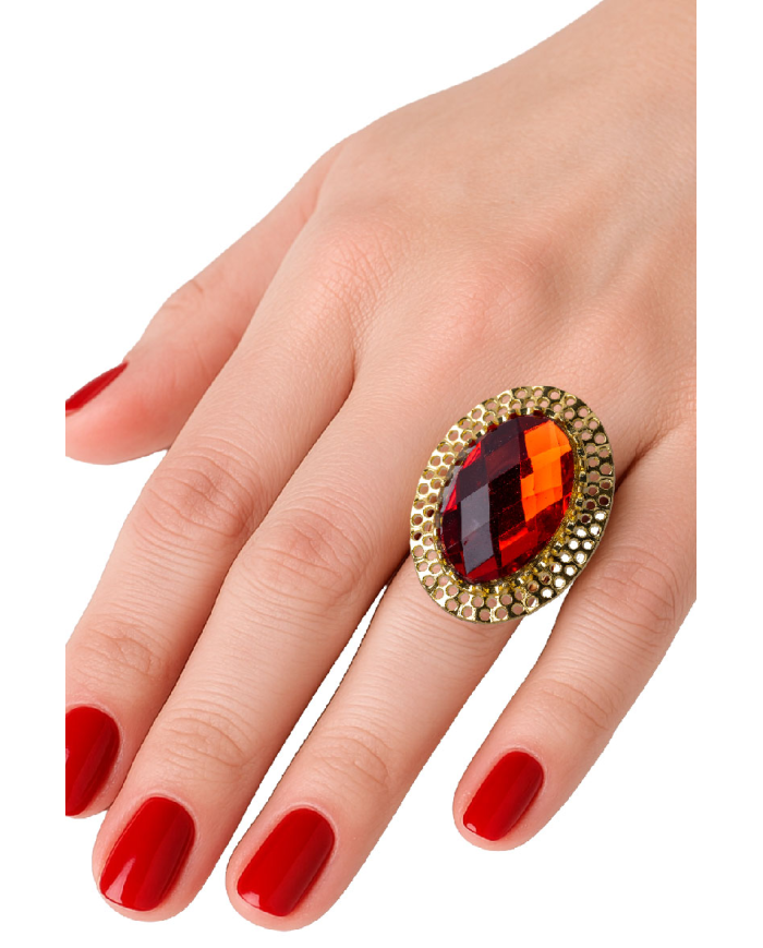 Anillo con gema roja redonda ajustable de metal en bolsa sobre cartoncillo