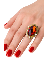 Bague gemme rouge ronde réglable en métal dans un sachet sur papier cartonné