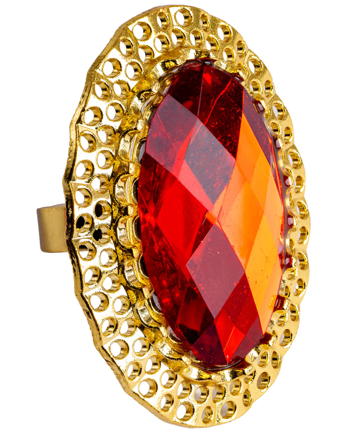 Anillo con gema roja redonda ajustable de metal en bolsa sobre cartoncillo