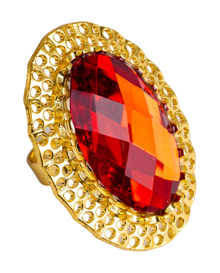 Anillo con gema roja redonda ajustable de metal en bolsa sobre cartoncillo