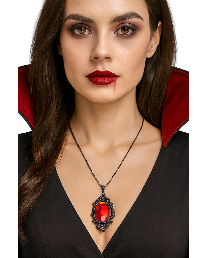 Collar con gema roja de metal en bolsa con solapa de cartón