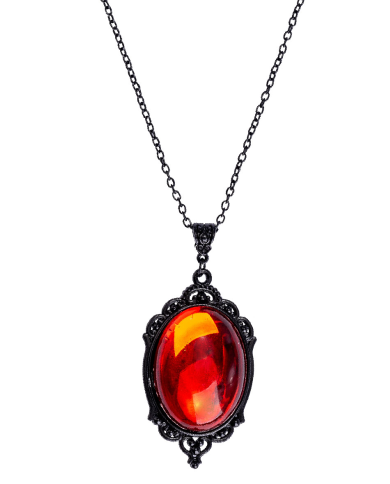 Collier avec gemme rouge en métal dans un sachet avec carte d’en-tête