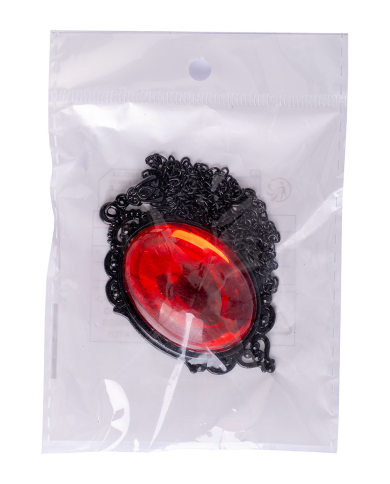 Collar con gema roja de metal en bolsa con solapa de cartón