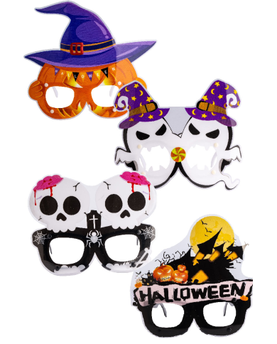 Lunettes Halloween 4 modèles assortis en plastique dans un sachet avec carte d’en-tête
