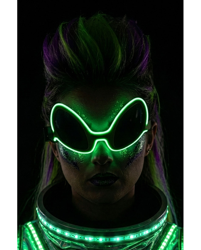 Green alien glasses with light-up decorations (batteries not included) on card