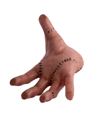 Hand mit Narben aus Kunststoff mit Pappschild/Etikett
