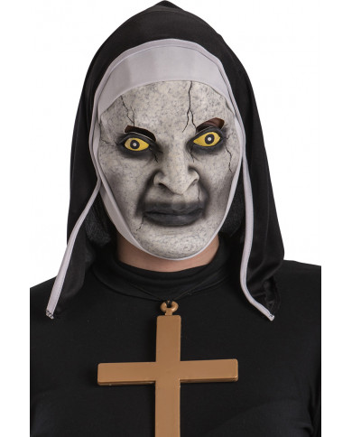Latex mask of waxy face with yellow eyes and hood in fabric to