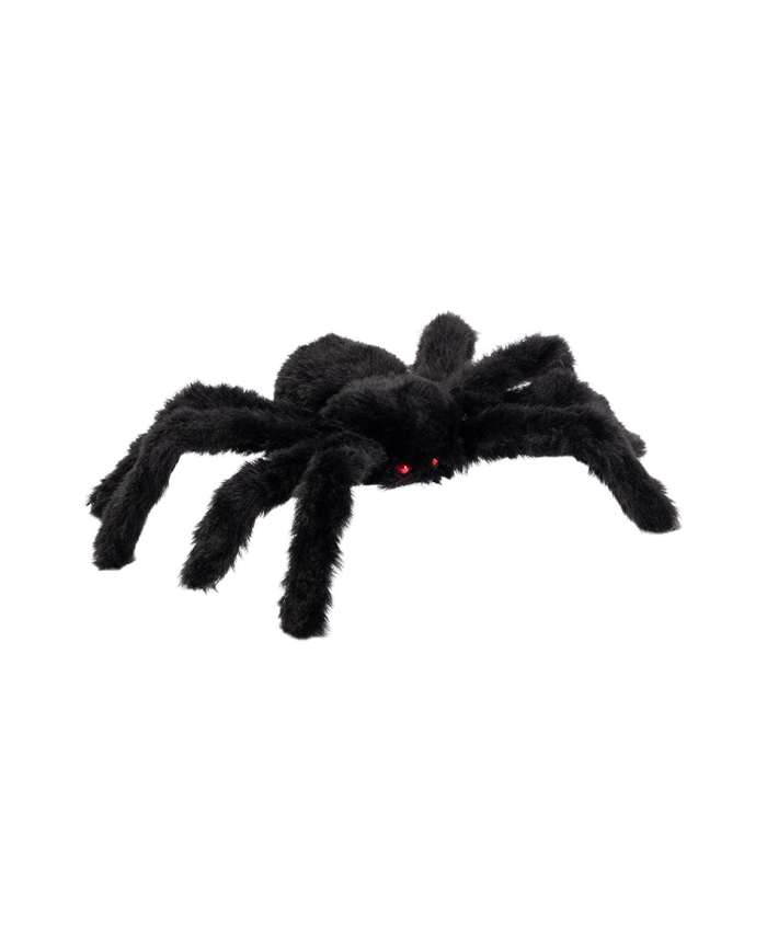 Araña negra peluda de unos 30 cm. de diámetro con etiqueta colgante/etiqueta