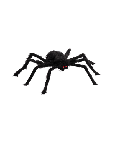 Araña negra peluda de unos 50 cm. de diámetro con etiqueta colgante/etiqueta