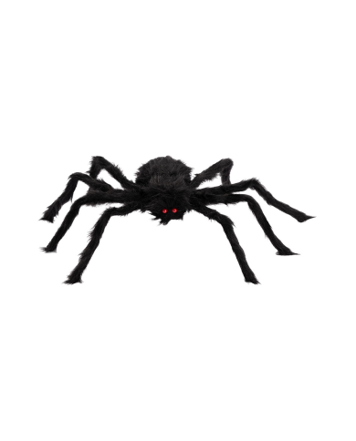 Araña negra peluda de unos 50 cm. de diámetro con etiqueta colgante/etiqueta