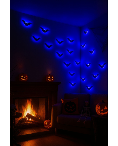 6 chauves-souris, longueur 12 cm environ en plastique avec lumières de décoration dans un sachet avec carte d’en-tête