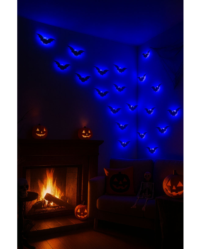 6 murciélagos de unos 12 cm. de largo de plástico con luces de decoración en bolsa con solapa de cartón