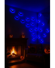 6 chauves-souris, longueur 12 cm environ en plastique avec lumières de décoration dans un sachet avec carte d’en-tête