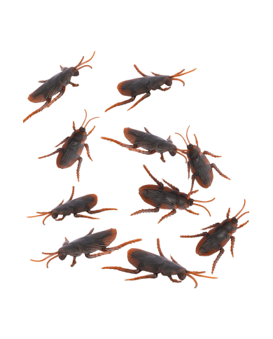 6 cucarachas de unos 6 cm. de largo de plástico con adhesivo de doble cara en bolsa con solapa de cartón
