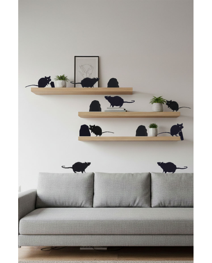 Decoraciones ratones de unos 24 cm. de largo de papel con adhesivo en bolsa con solapa de cartón