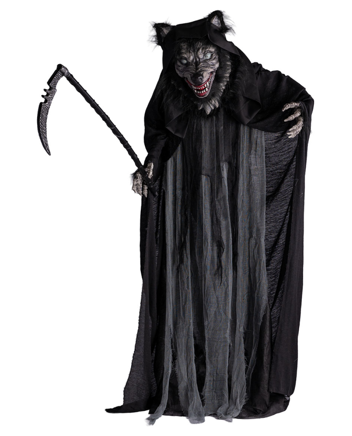 Monstre loup horreur, hauteur 170 cm environ avec faux, lumières, son et mouvement (piles non comprises) sur piédestal