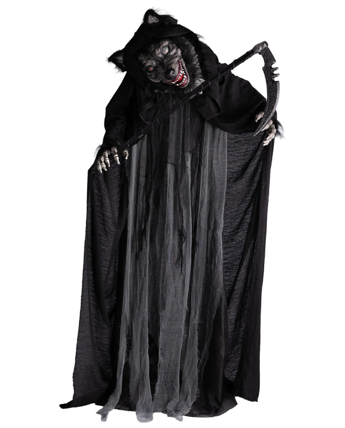 Monster Horror-Wolf H. ca. 170 cm mit Sense, Licht, Ton und Bewegung (Batterien nicht enthalten) auf Sockel
