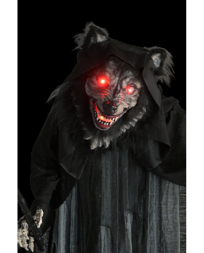 Monstre loup horreur, hauteur 170 cm environ avec faux, lumières, son et mouvement (piles non comprises) sur piédestal